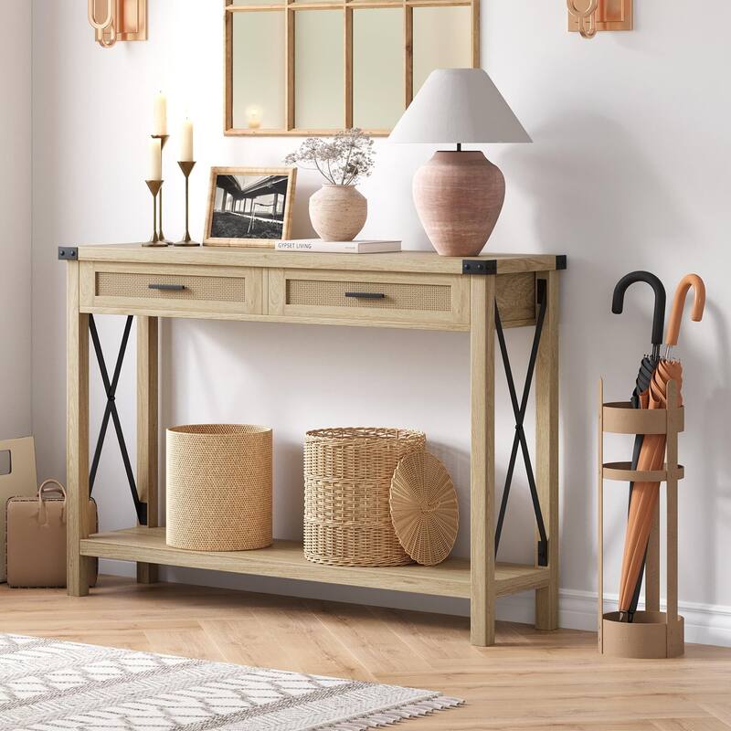 Farmhouse Sofa Table - Console Table with Rattan Drawers