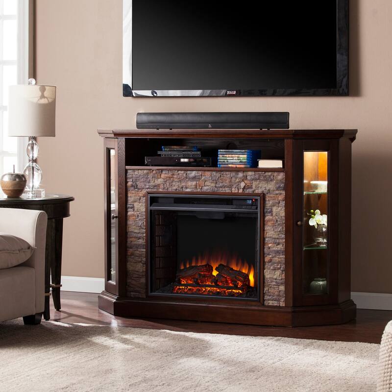 52.5 in. Freestanding Glass Smart Electric Fireplace TV Stand in Brown for contemporary flat screen consoles