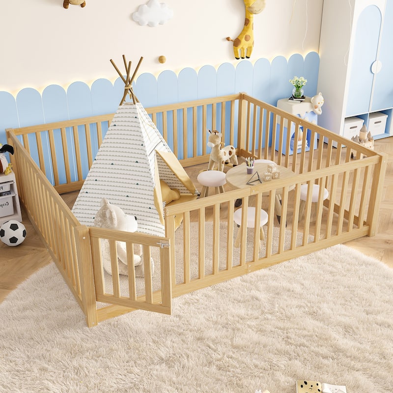 Montessori Floor Bed with Safety Guardrails & Door, Kids Low Profile Frame, Available in Queen/Full/Twin - Natural - Queen