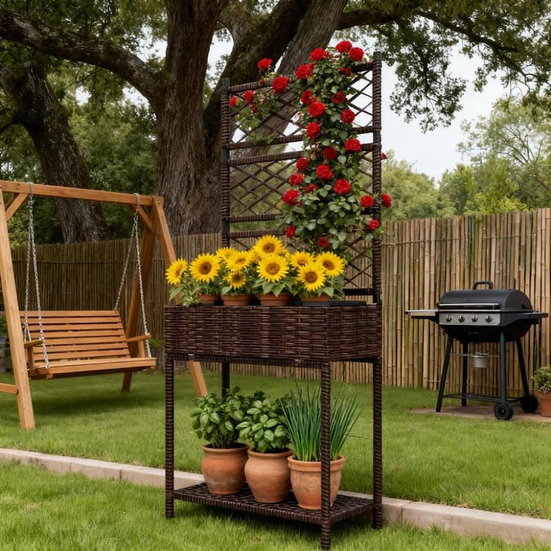 Decorative Rattan Raised Garden Bed with Trellis & Storage Shelf