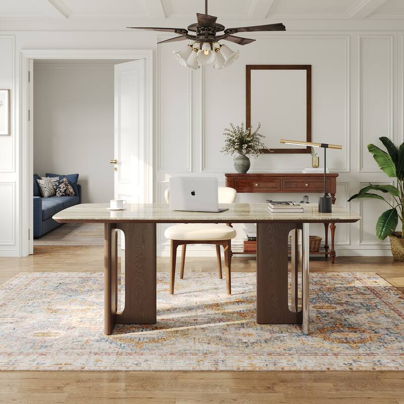 Modern 63" Retangular Wrining Desk, Faux Marble Table Top Desk With Double Legs