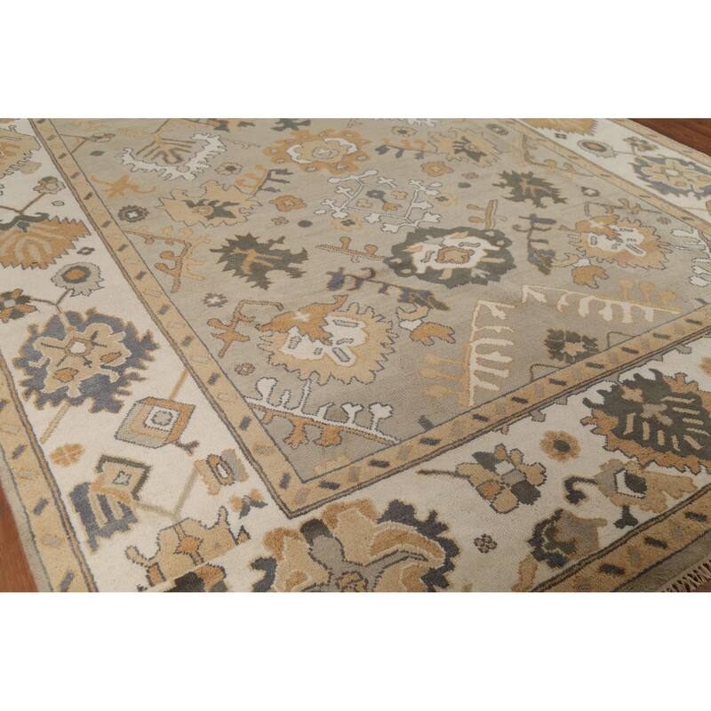All-Over Beige & Ivory Oushak Indian Area Rug Handmade Wool Carpet - 9'1"x 11'8"