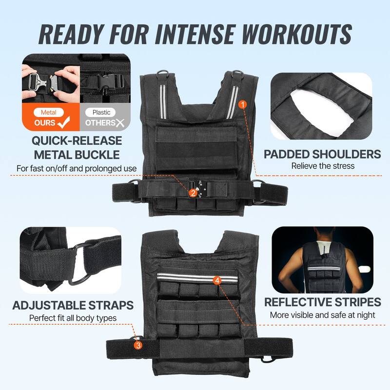 Black Nylon Weighted Vest with Metal Buckle and Reflective Stripes - 35 lbs