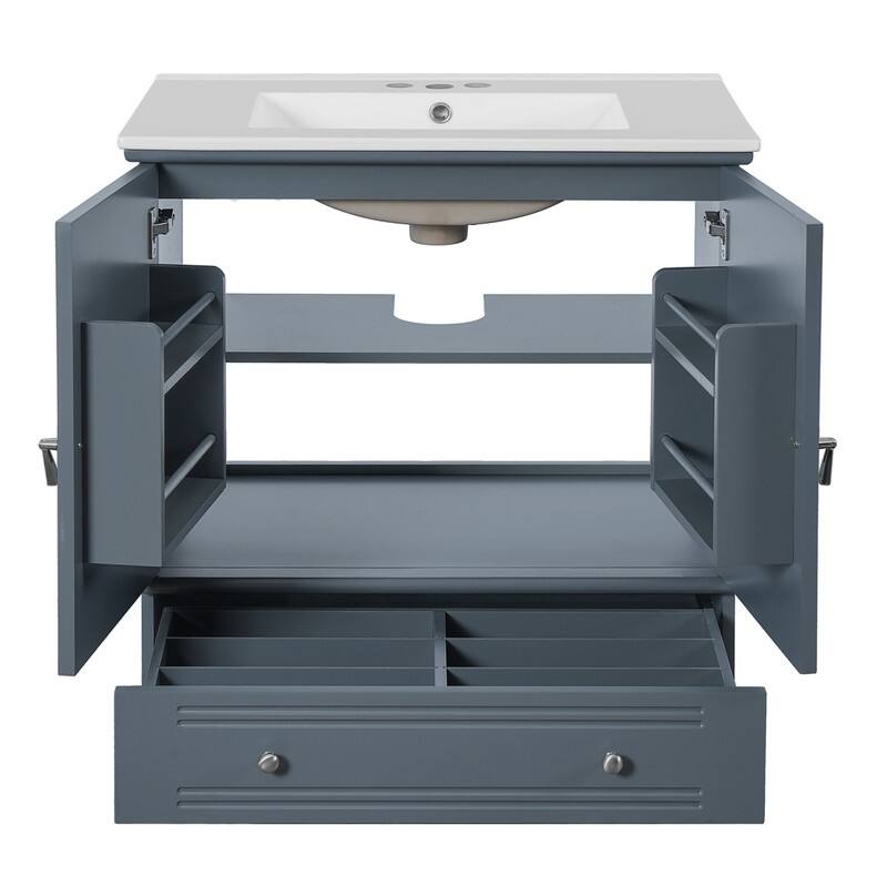 30" Bathroom Vanity with Ceramic Sink, Adjustable Shelf, Drawer with Divider