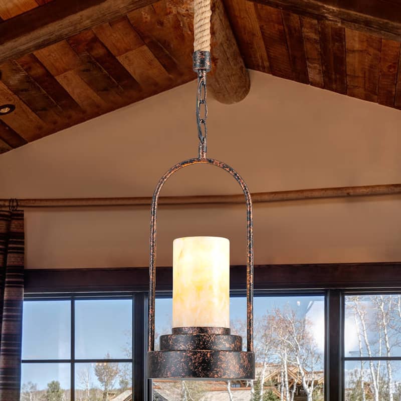 Retro Industrial Iron Pendant with Alabaster Candle Shade - 1-Light