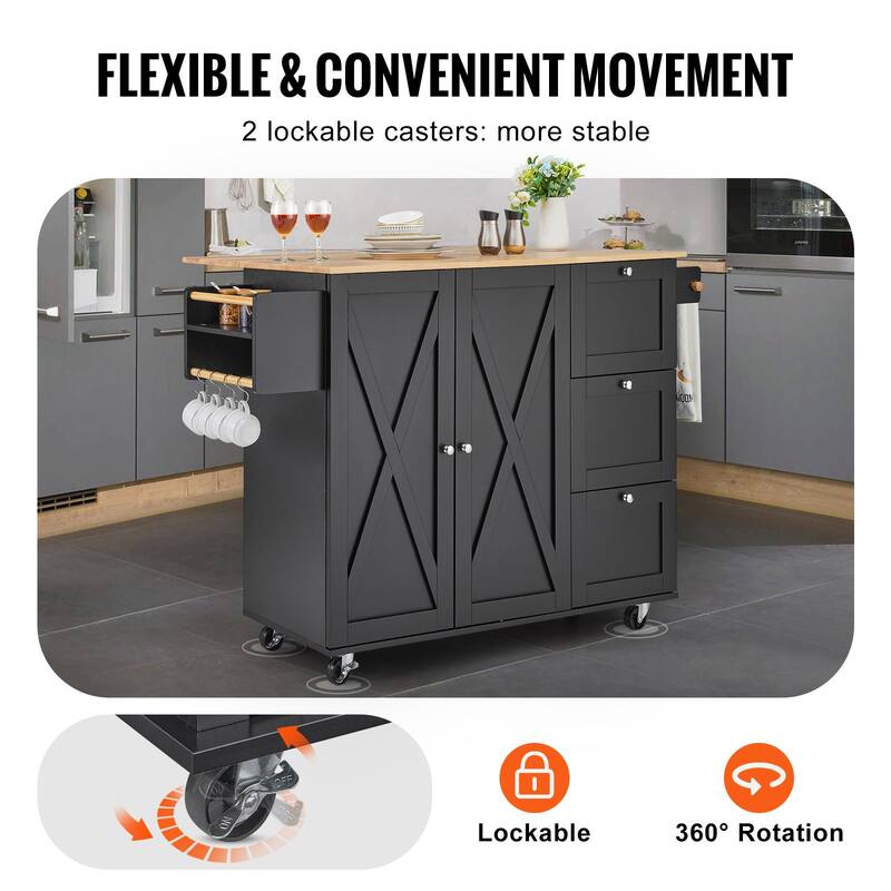Black Wooden Kitchen Rolling Island Storage Cart with 2 Cabinet Doors and 2 Adjustable Shelves - 56x27x39 inch