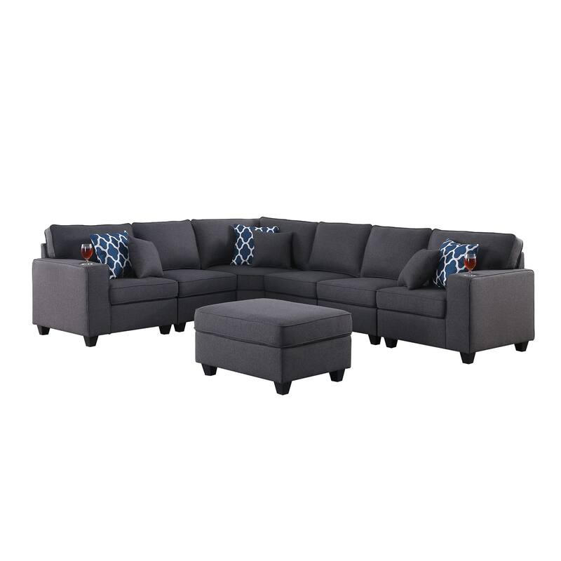 7 Piece Upholstered L-Shape Sectional Sofa with Ottoman in Dark Gray