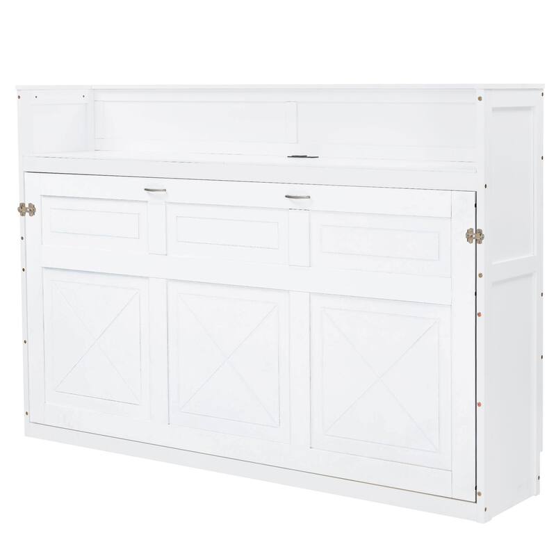 Twin XL Murphy Bed with Desk, LED Light, and USB Charging Station in White