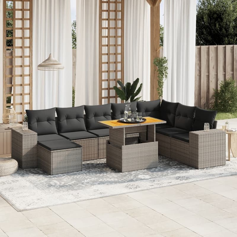 vidaXL Patio Sofa Set with Cushions Outdoor Furniture 9 Piece Poly Rattan - 21.7 x 24.4 x 27.2 - Grey-without storage