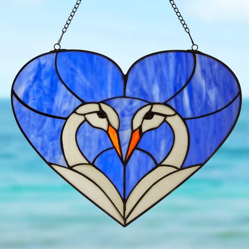 Loving Swans Blue, White and Red River of Goods Stained Glass Window Panel - 15.5" x 0.25" x 12"