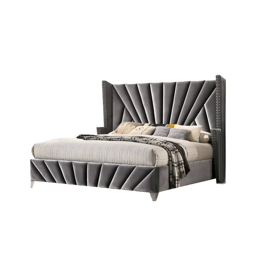 Fabric and Wood Bed in Gray Finish