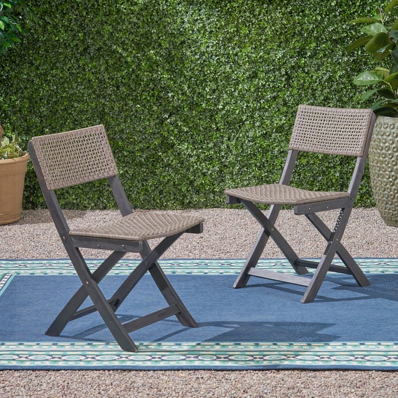 Set of 2 Acacia Wood Foldable Wicker Chairs