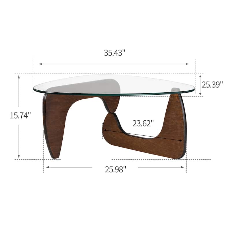 Modern Triangle Clear Glass Coffee Table with Wood Base