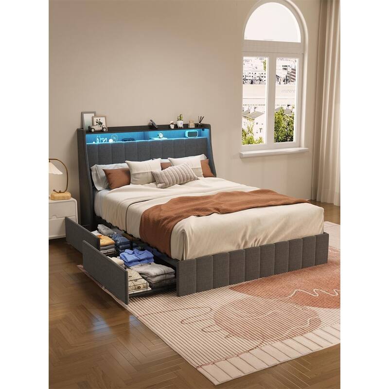 Stripe Upholstered Platform Bed with Wingback LED Headboard & 4 Large Capacity Sliding Drawer, Steel Slat Support Bed Frame