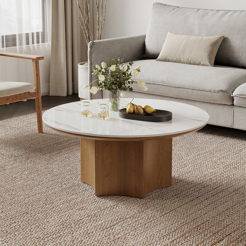 Mid-century Modern Coffee Table,35.43" With White Sintered Stone Table Top, Solid Wood Legs