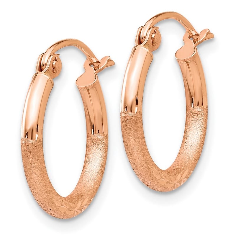 Curata 14k Rose Gold Light Weight 2x15mm Satin Sparkle-Cut Hoop Earrings