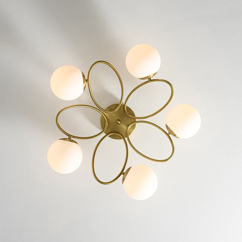 Modern 5-Light Opal Glass Ring Metal Semi Flush Mount Ceiling Light