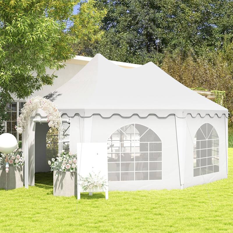 Extra Large White Party Tent with Six Cathedral Windows, Water-Resistant Steel Frame and 2 Doors