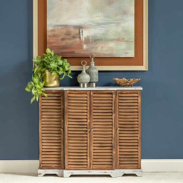 Haiti 56"W Fir Wood & Grey Washed 4 Door Shutter Cabinet - 56"W x 36"H x 14"D. Opens flyout.