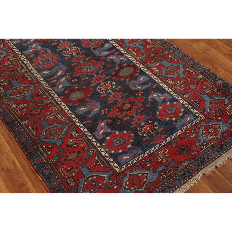 Hand Knotted Oriental 100% Wool Carpet Traditional Geometric Navy Blue & Blues Heriz Runner Rug - 15' 7'' X 3' 5''