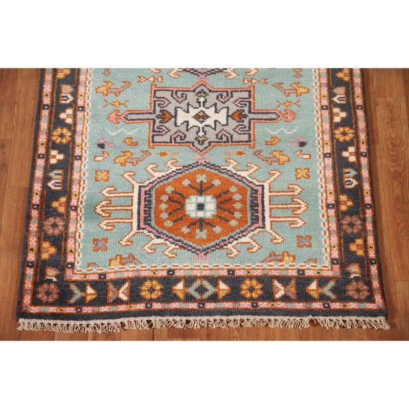 Turquoise / Green Kazak Oriental Foyer Rug Handmade Wool Carpet - 3'1" x 5'0"