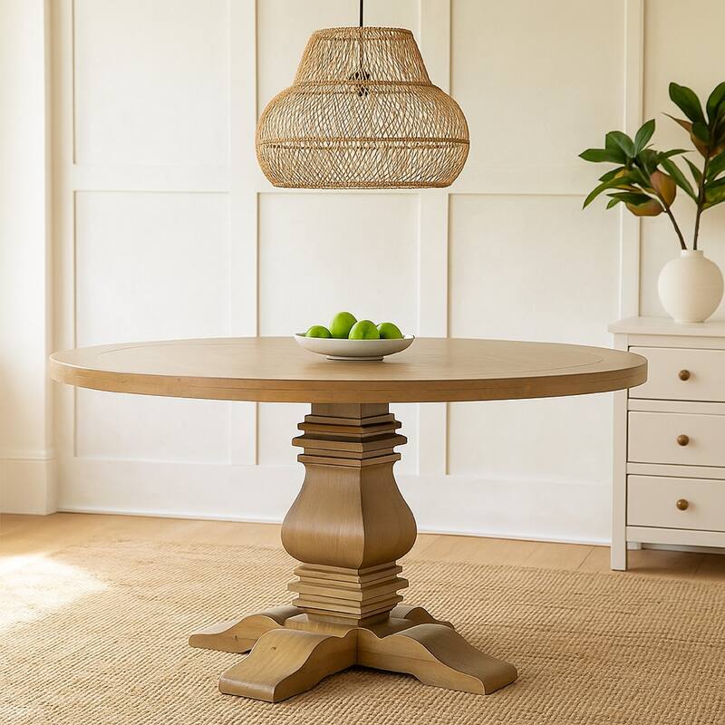 Som 60 Inch Round Dining Table, Cross Pedestal Base, Rustic Smoke Brown