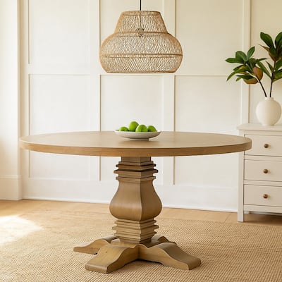 Som 60 Inch Round Dining Table, Cross Pedestal Base, Rustic Smoke Brown