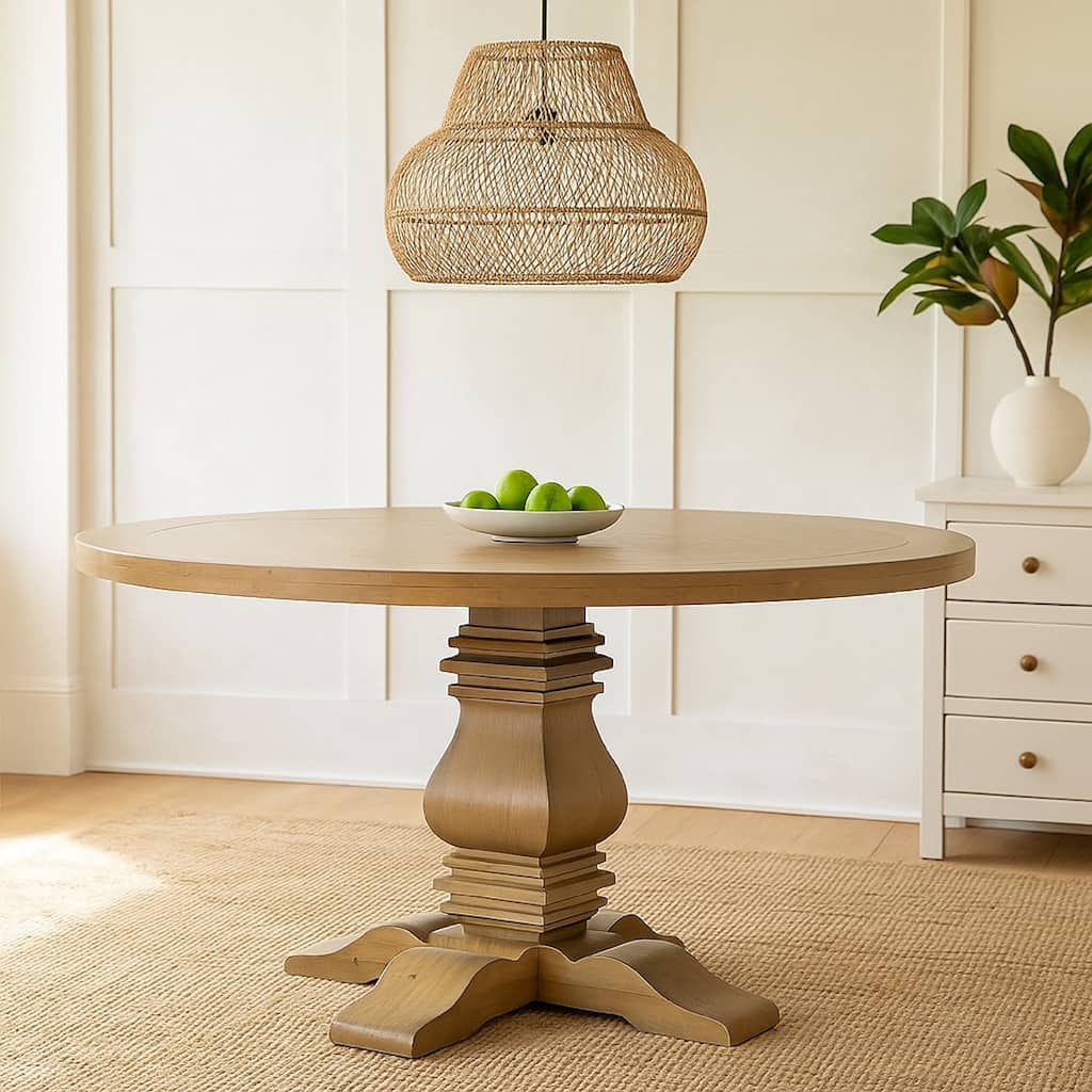 Som 60 Inch Round Dining Table, Cross Pedestal Base, Rustic Smoke Brown