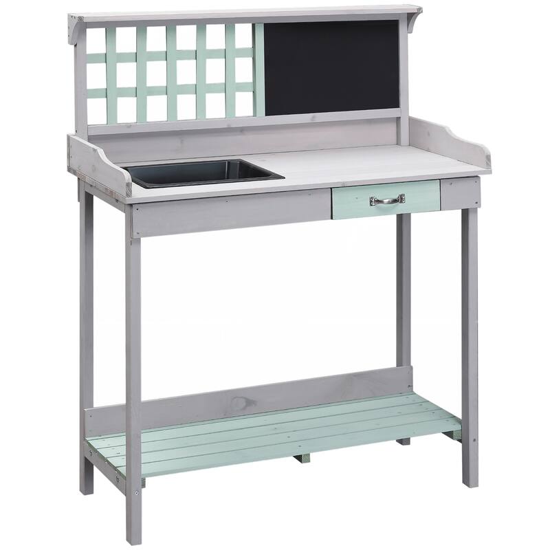 Outdoor Wooden Potting Bench Table with Removable Sink & Open Shelf Storage, Garden Work Bench with Chalkboard