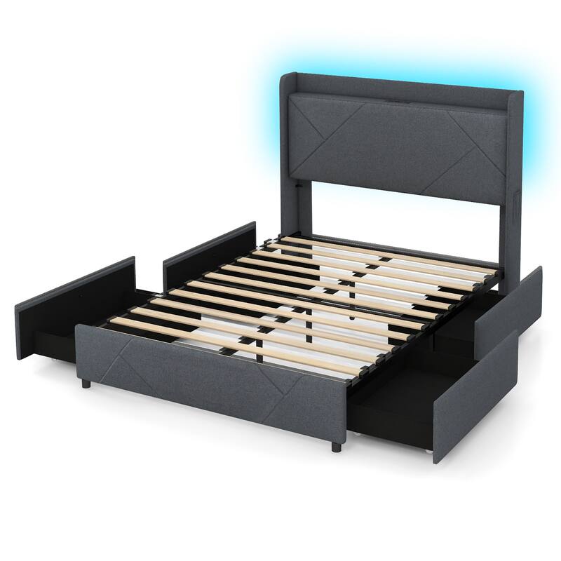 Gymax Bed Frame w/LED Lights Charging Station 2 Storage Pockets & 4