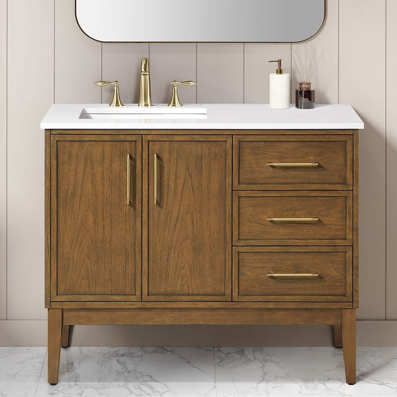 OVE Kira Warm Walnut Bathroom Vanity with White Engineered Stone Top - Warm Walnut - 42"