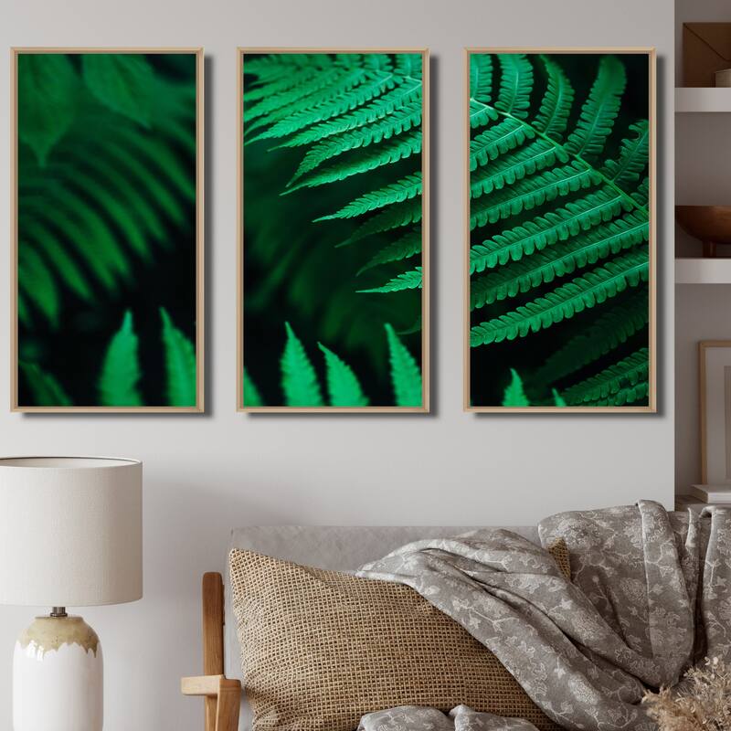 Designart "Dark Green Fern Leaf On Black III" Tropical Framed Wall Decor Set of 3 - 4 Colors of Frames - 36 in. wide x 28 in. high - 3 Panels - Maple