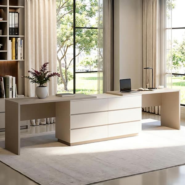144.26'' Home Office Expandable Dresser Desk With 6 Drawers - Beige&Grey&Off-white 144.26'' Home Office Expandable Dresser Desk With 6 Drawers - Beige&Grey&Off-white