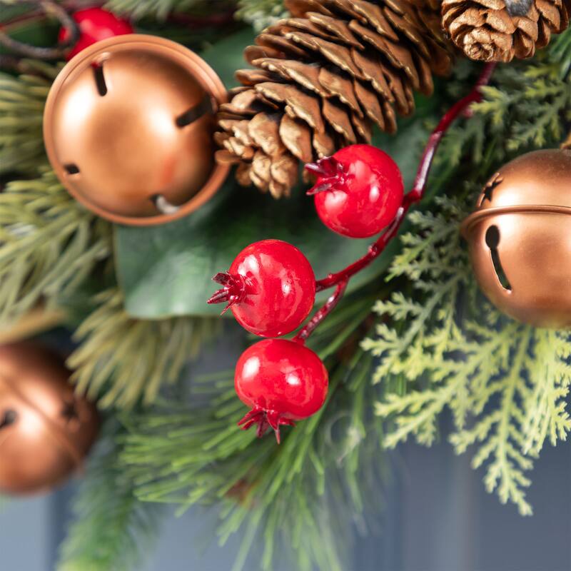 Glitzhome Christmas Bell Pinecone & Berry Bow Wreath Teardrop Garland Wall Decor