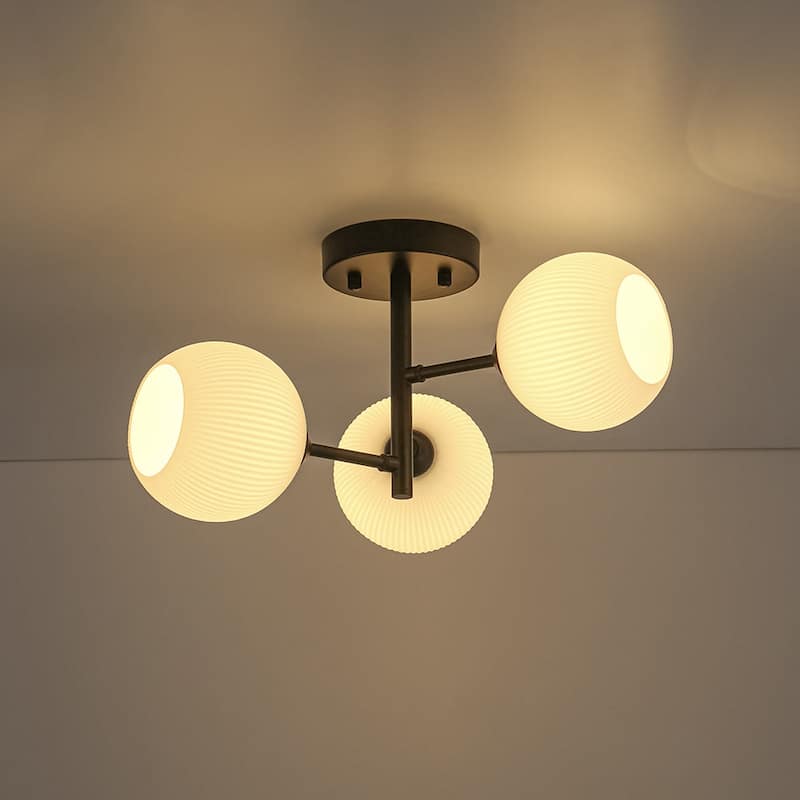 Modern 3-Light Ribbed Opal Glass Globe Sputnik Semi Flush Light