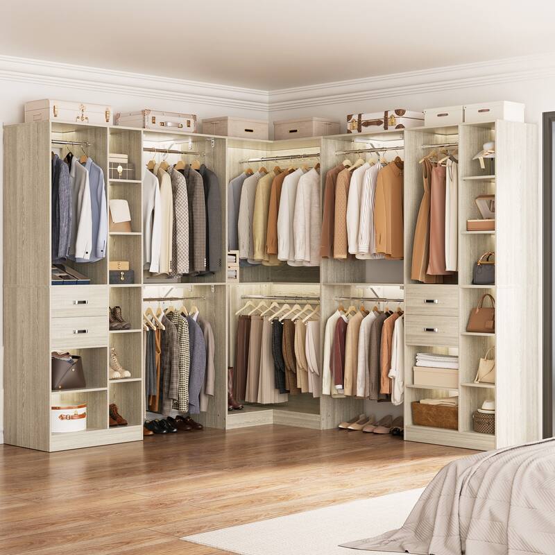 Rackcog 95'' - 188'' Closet System with Hanging Rods, Set of 3 Corner Closet Organizer with Drawers and Shelves - Washed Oak