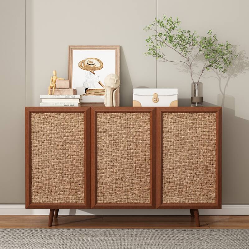 Boho Rattan Buffet Cabinet Sideboard, Wood Kitchen Storage Cabinet Accent Cabinet Media Console Table for Living Dining Room