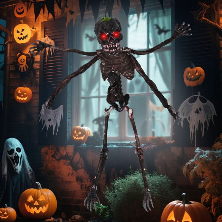Black PE Fabric Animated Halloween Skeleton with Sound and Poseable Arms