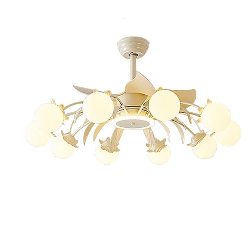 Indoor Chandelier Ceiling Fan with Light and Remote, Beige Fandelier with Milky Globe Shade for Bedroom
