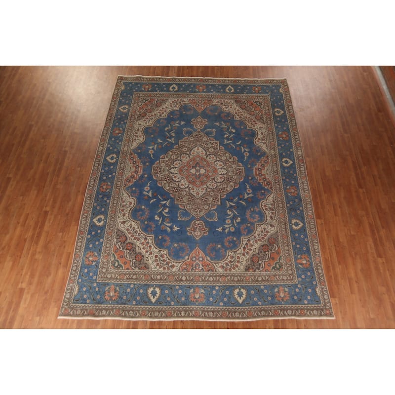 Blue Tabriz Persian Vintage Area Rug Handmade Wool Carpet - 9'10"x 13'0"