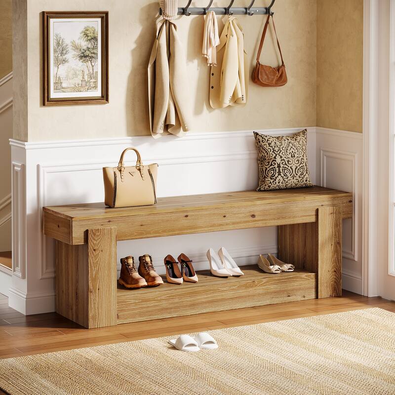 63 Inch Solid Wood Shoe Bench Entryway with Storage, 2-Tier Storage Bench for Bedroom End of Bed
