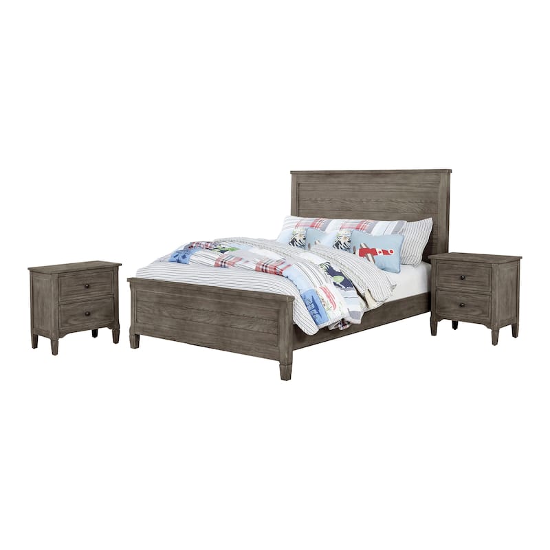 Furniture of America Lanister 3-Piece Wood Wire-Brushed Warm Grey Kids Panel Bed and 2 Nightstands Set