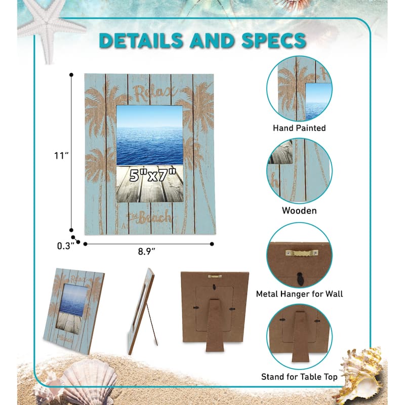 CoTa Global Aqua Blue Distressed Wood Palm 5×7 Photo Frame - 11 inches