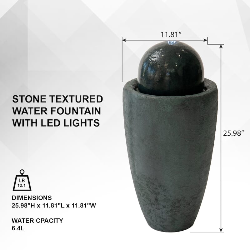 XBrand 25.98"H Modern Round Stone Textured Sphere Water Fountain w/LED Lights, For Indoor/Outdoor, Ball Water Fountain
