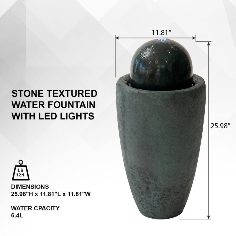 XBrand 25.98"H Modern Round Stone Textured Sphere Water Fountain w/LED Lights, For Indoor/Outdoor, Ball Water Fountain