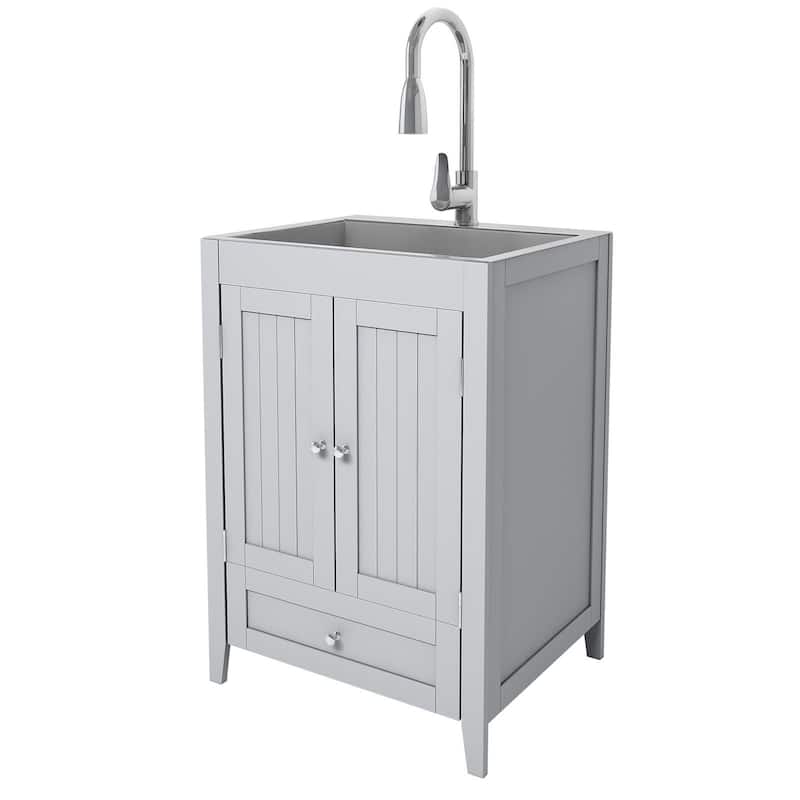 24 inch Laundry Cabinet Utility Sink Vanity, Stainless Steel Sink, Faucet and Cabinet Combo