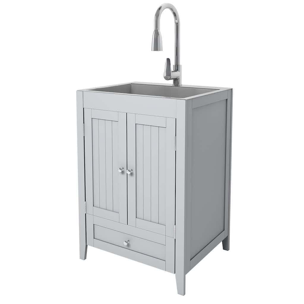 24 inch Laundry Cabinet Utility Sink Vanity, Stainless Steel Sink, Faucet and Cabinet Combo