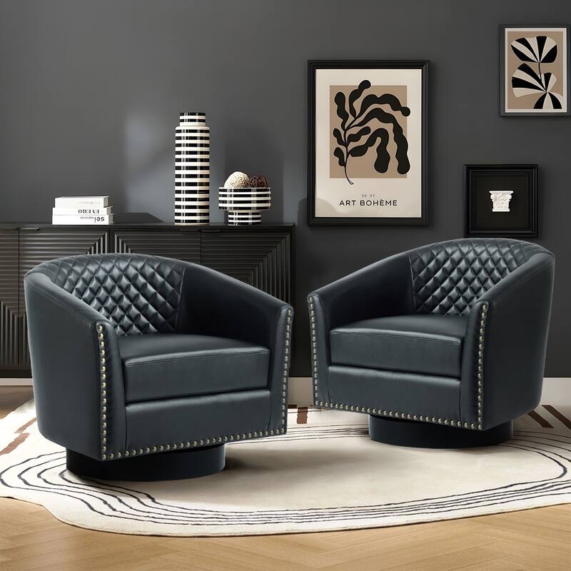 2 Set Modern Vegan Faux Leather Swivel Barrel Accent Chair