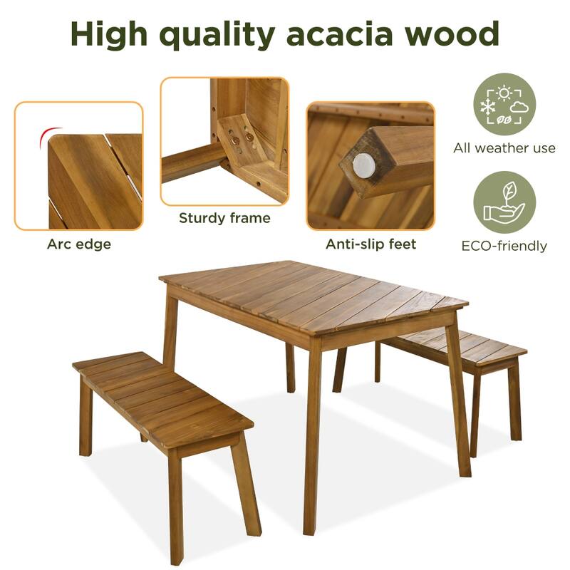3-Piece Natural Acacia Wood Table Bench Dining Set with 2 Benches, for Outdoor/Indoor, Patio & Garden
