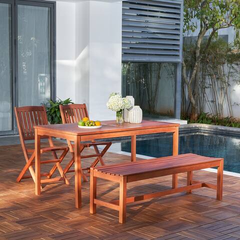Waikiki Outdoor 4-piece Wood Patio Dining Set with Backless Bench and Folding Chairs